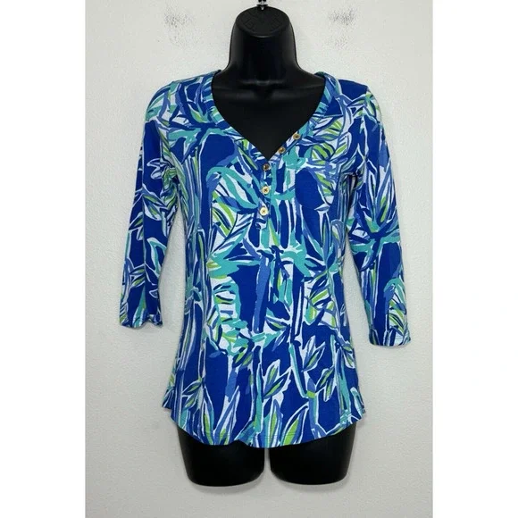Lilly Pulitzer Blue Crush Bamboo Palmetto Top XXS Shirt Preppy Beach NWOT - Picture 2 of 11